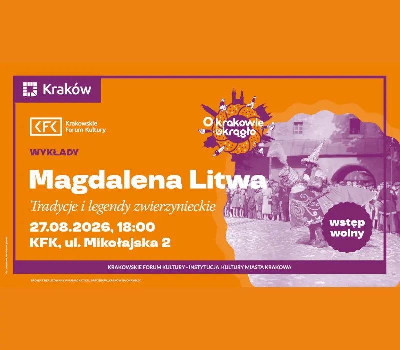 Grafika z nazwą spotkania, czasem, miejscem i zdjęciem Lajkonika.